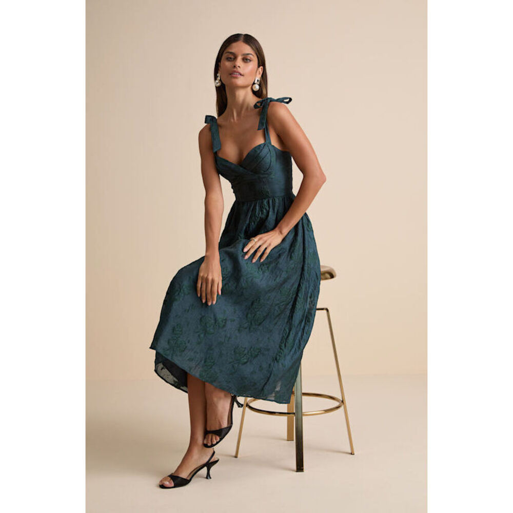 Lulus Loveliest Muse Dark Teal Burnout Floral Tie-strap Midi Dress Green